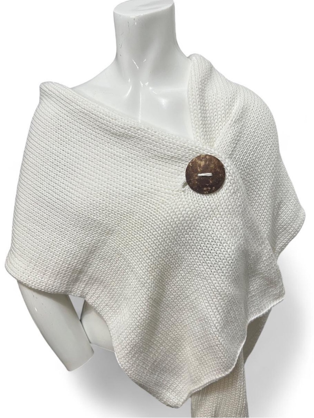 NWT Women’s White Pure Hand Knit Shawl with Wooden Button Accent